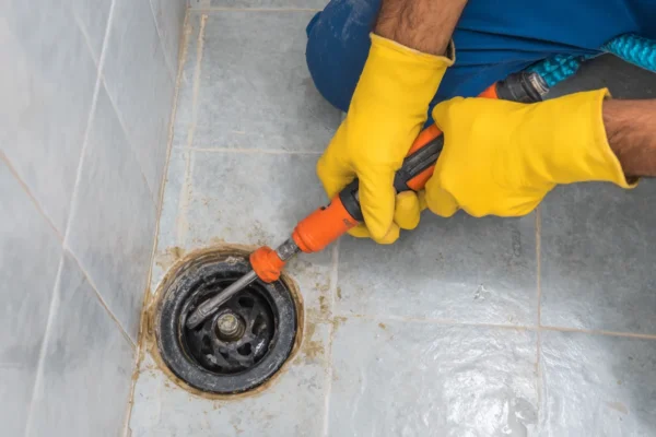 Plumber clearing a clogged bathroom floor drain with a drain snake