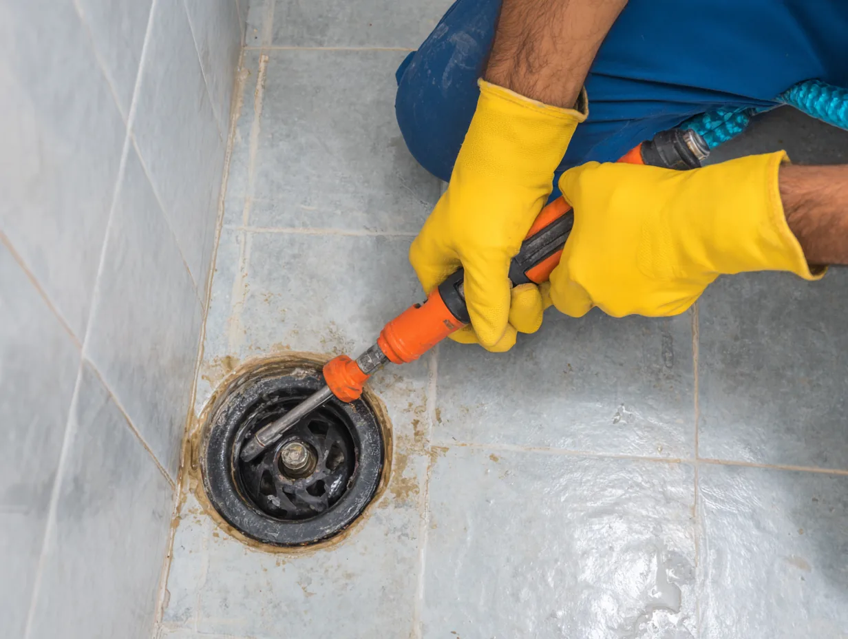 Plumber clearing a clogged bathroom floor drain with a drain snake