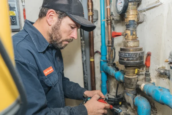 Plumber shutting off a main water valve during an emergency leak