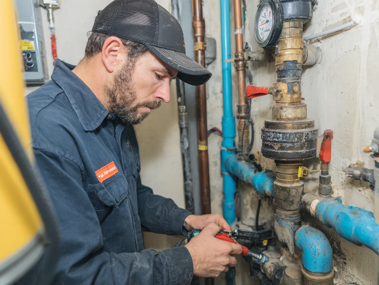 Plumber shutting off a main water valve during an emergency leak