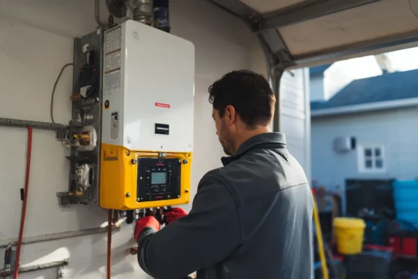 Plumber installing a wall-mounted tankless water heater in a garage
