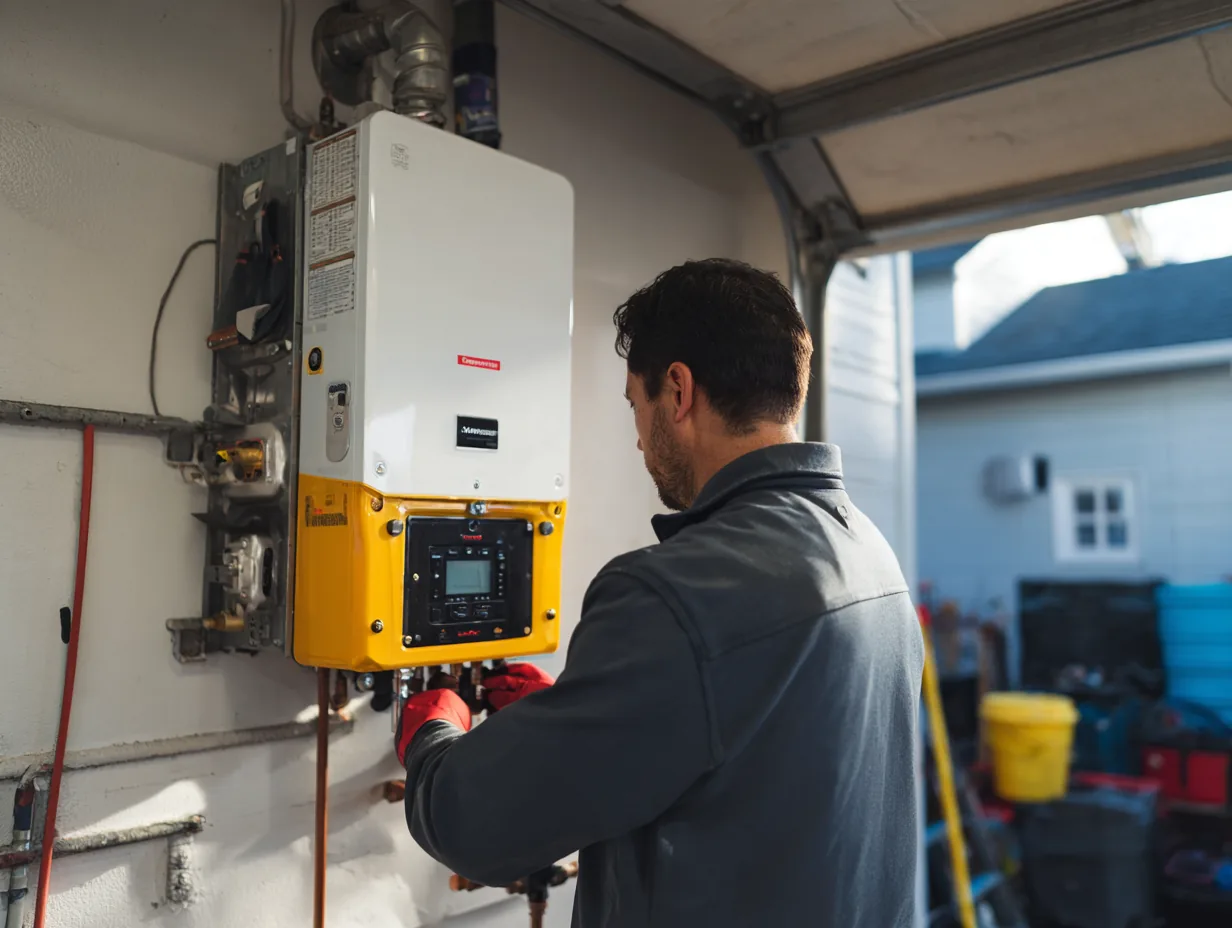 Plumber installing a wall-mounted tankless water heater in a garage