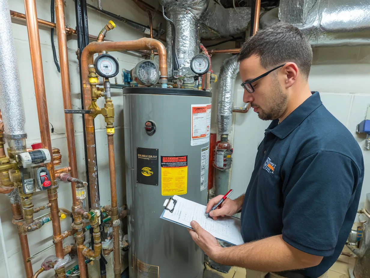 Technician checking a newly installed tank water heater in a basement